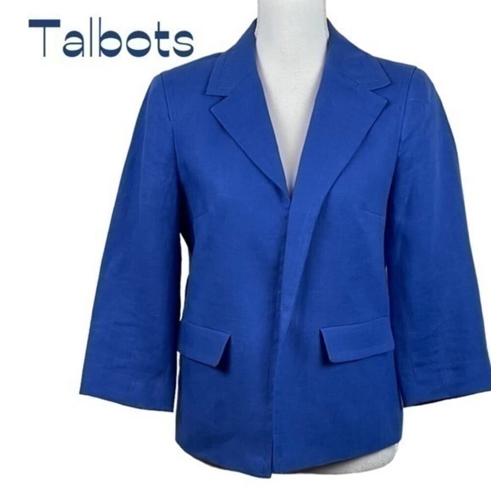 Talbots Cobalt Blue Linen Blazer Jacket NWOT Size 4 Coastal Grandma